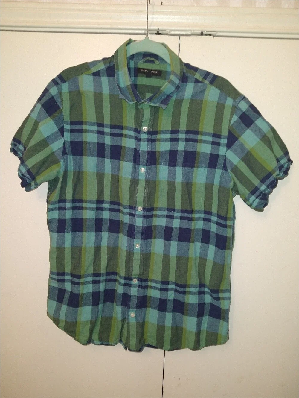 Banana Republic Linen Blend Plaid Short Sleeve Button Up Shirt Men's sz Large.